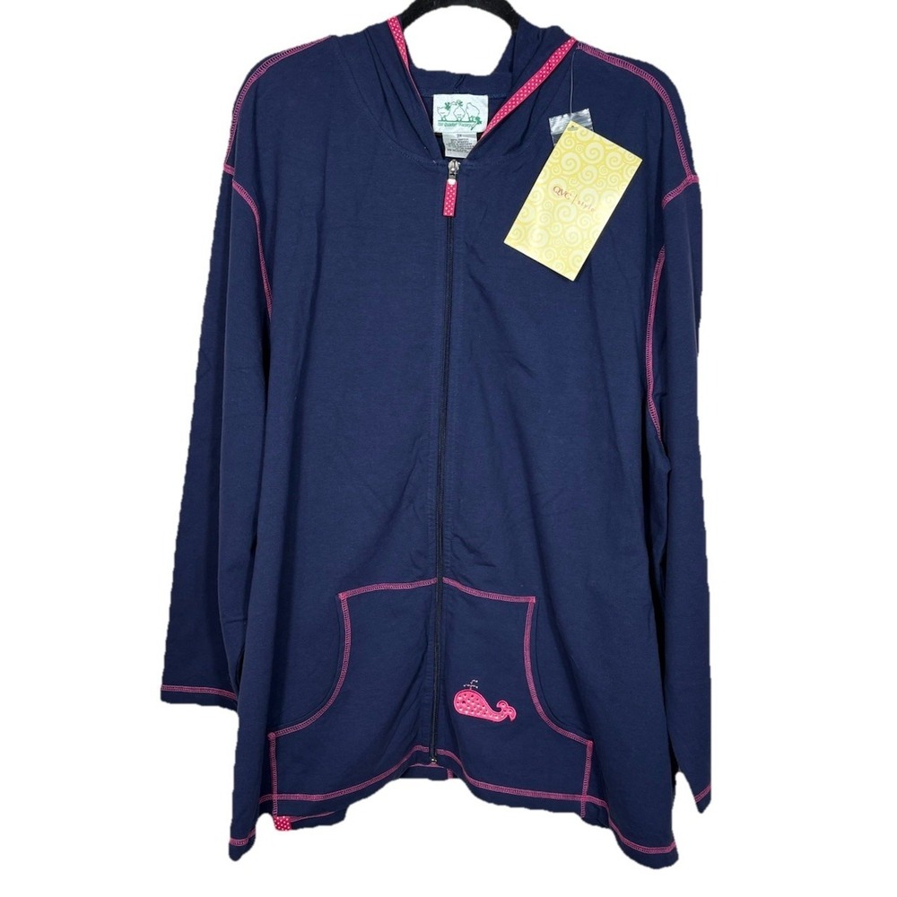The Quacker Factory Full Zip Hooded Top Navy Whale‎ Beachy Coastal Size 3X